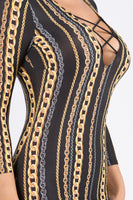 Deep V Criss Cross Chain Print Midi Dress