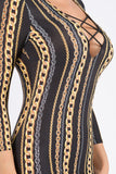 Deep V Criss Cross Chain Print Midi Dress