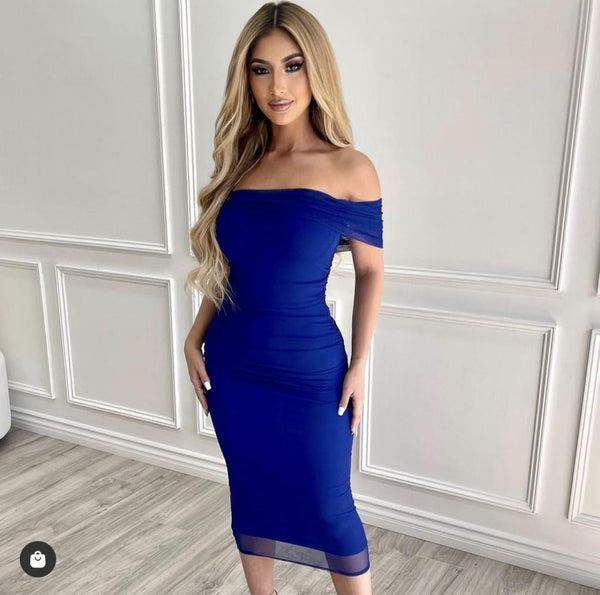 Mesh Lining Off Shoulder Ruched Midi Dress