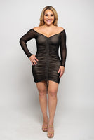 PLUS SIZE MESH OFF SHOULDER RUCHED DRESS