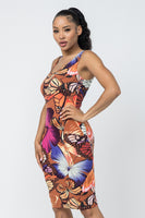 Plus Size Butterfly Print Sexy Bodycon Midi Dress