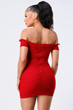 RUCHED OFF SHOULDER BODYCON MINI DRESS