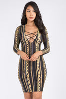 Deep V Criss Cross Chain Print Midi Dress