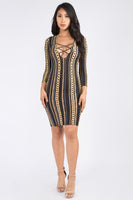 Deep V Criss Cross Chain Print Midi Dress