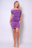 SOPHISTICATED CROSSOVER FRONT OFF SHOULDER RUCHED MIDI DRESS!