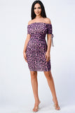 LEOPARD PRINT OFF SHOULDER SHIRRING BODYCON DRESS