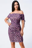 LEOPARD PRINT OFF SHOULDER SHIRRING BODYCON DRESS