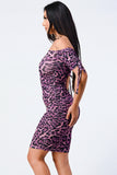 LEOPARD PRINT OFF SHOULDER SHIRRING BODYCON DRESS