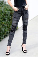 SIX DENIM BRAND EYELET KNEE PATCH DISTRESSED DENIM CRINKLE PANTS