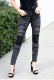 SIX DENIM BRAND EYELET KNEE PATCH DISTRESSED DENIM CRINKLE PANTS